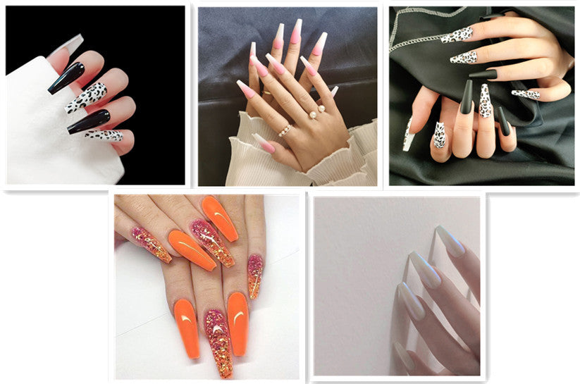 Long Ballet Fake Nails with Flat and Pointed Water Droplet Designs